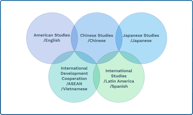 미국학영어, 중국학중국어, 일본학일본어, 국제개발협력아세안트랙 베트남어, 국제학 라틴아메이리카트랙 스페인어