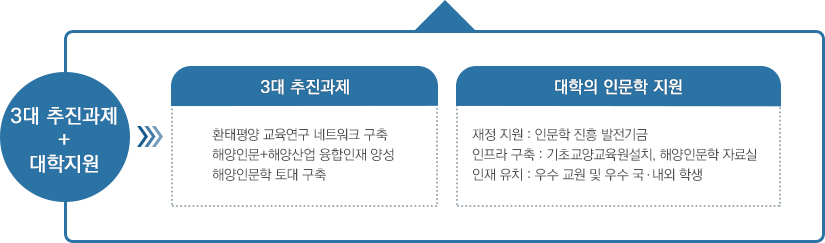 3대 추진과제+대학지원 : 3대 추진과제 환태평양 교육연구 네트워크 구축, 해양인문+해양산업 융합인재 양성, 해양인문학 토대 구축, 대학의 인문학 지원 재정지원 : 인문학 진흥 발전기금, 인프라 구축 : 기초교양교육원설치, 해양인문학 자료실, 인재 유치 : 우수 교원 및 우수 국.내외 학생