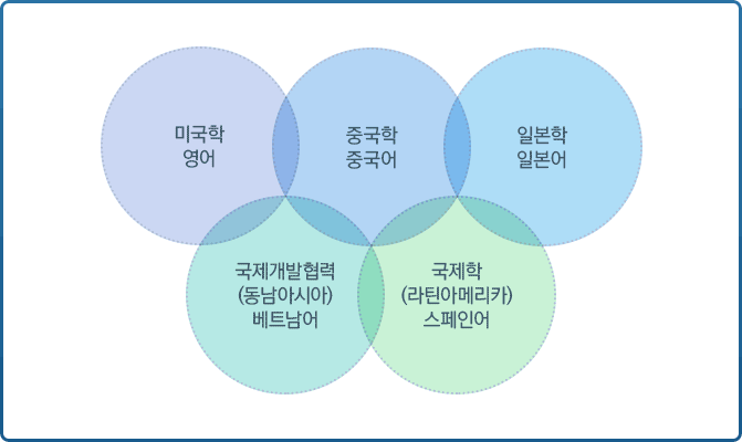 미국학영어, 중국학중국어, 일본학일본어, 국제개발협력아세안트랙 베트남어, 국제학 라틴아메이리카트랙 스페인어