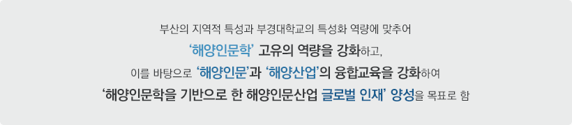 부산의 지역적 특성과 부경대학교의 특성화 역량에 맞추어 해양인문학 고유의 역량을 강화하고, 이를 바탕으로 해양인문과 해양산업의 융합을 강화하여 해양인문학을 기반으로 한 해양인문산업 글로벌인재 양성을 목표로 함
